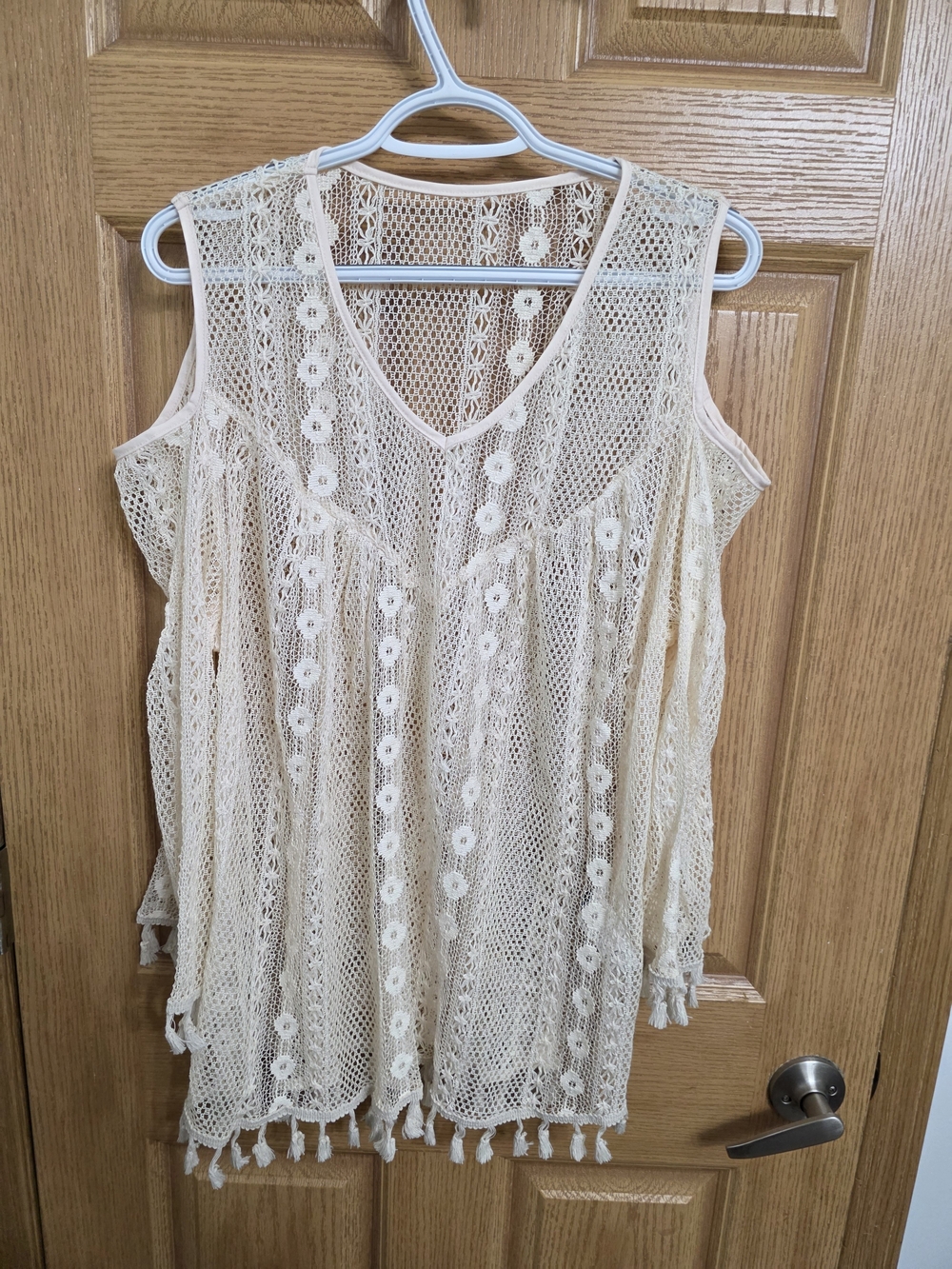 SHEIN Cream Crochet Tassel Cold Shoulder Blouse